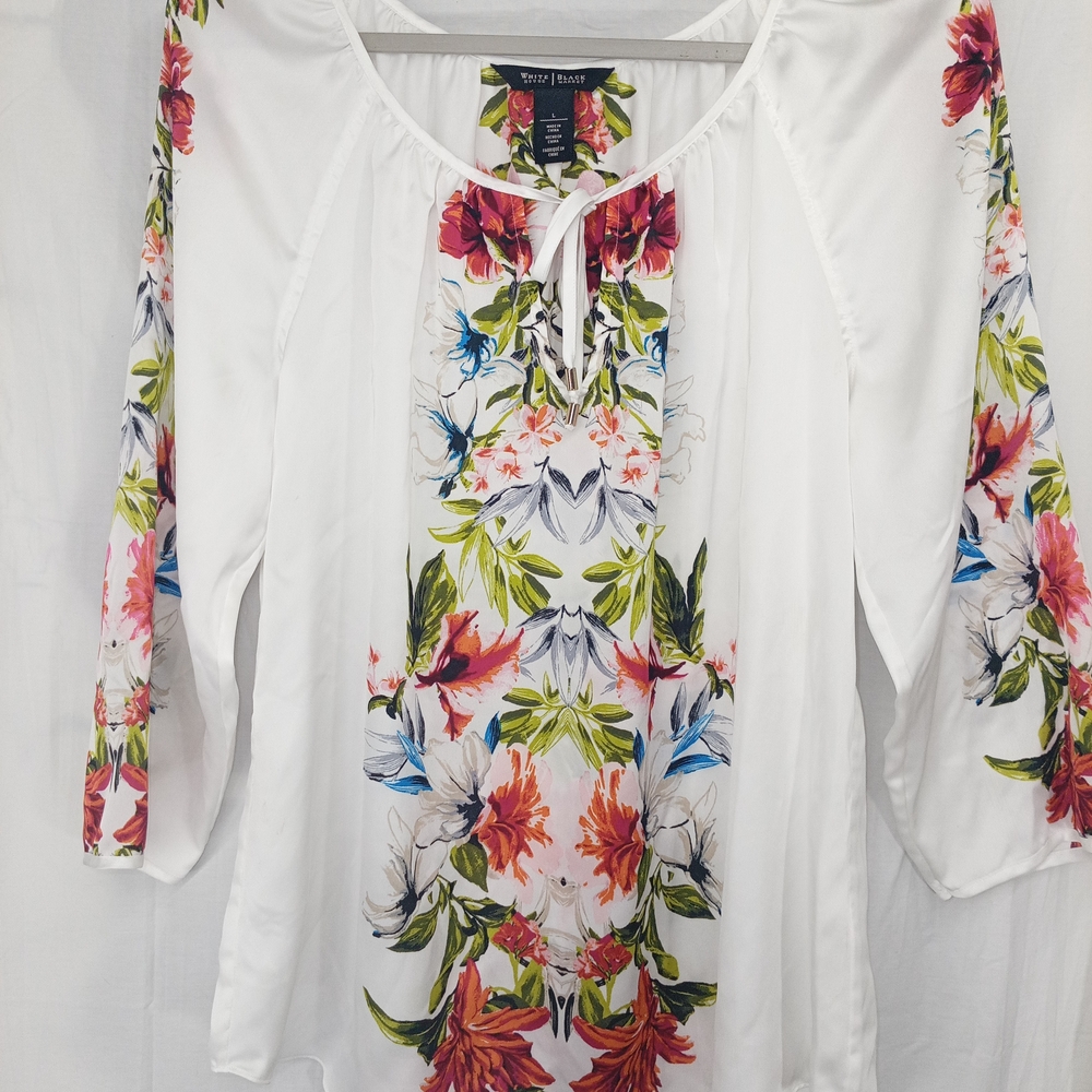 White House Black Market White Floral Tie-Front Peasant Blouse